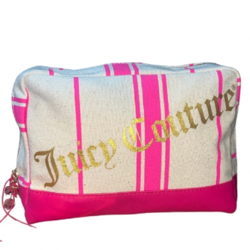 NWT Juicy Couture Cream & Pink Striped Cosmetic Bag - Beaded Zip Tab